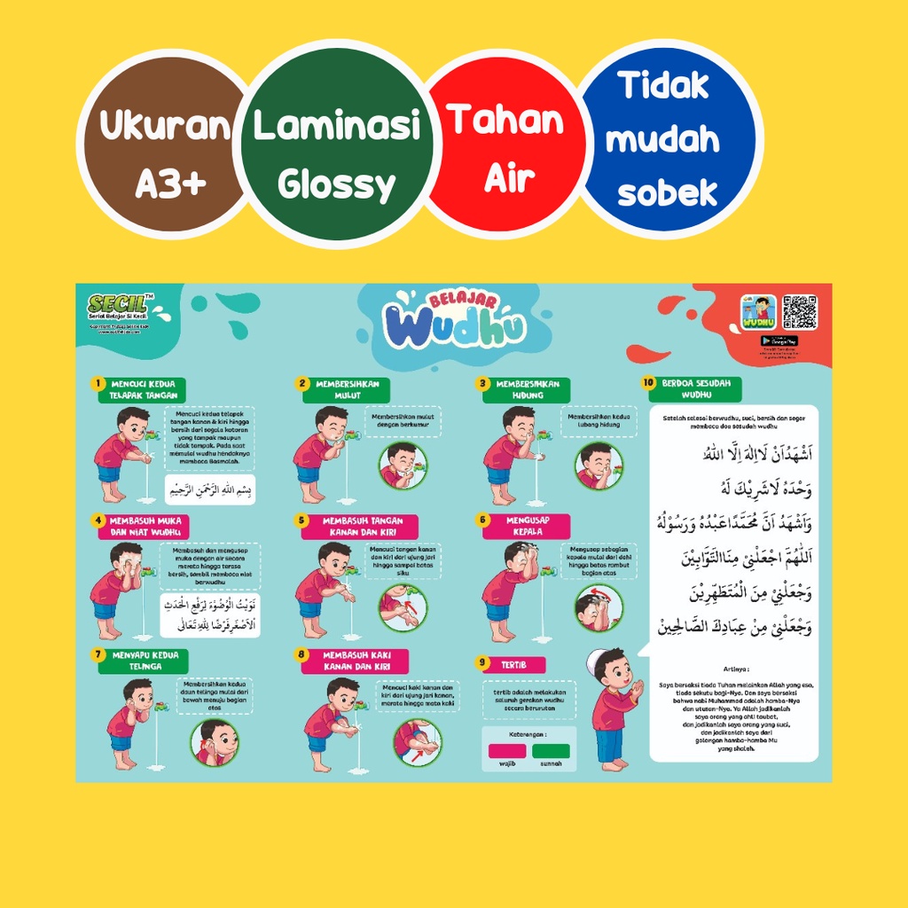 Secil Mainan | Poster Edukasi Anak Wipe and Clean Belajar Wudhu Doa Lengkap seri PREMIUM usia PAUD T