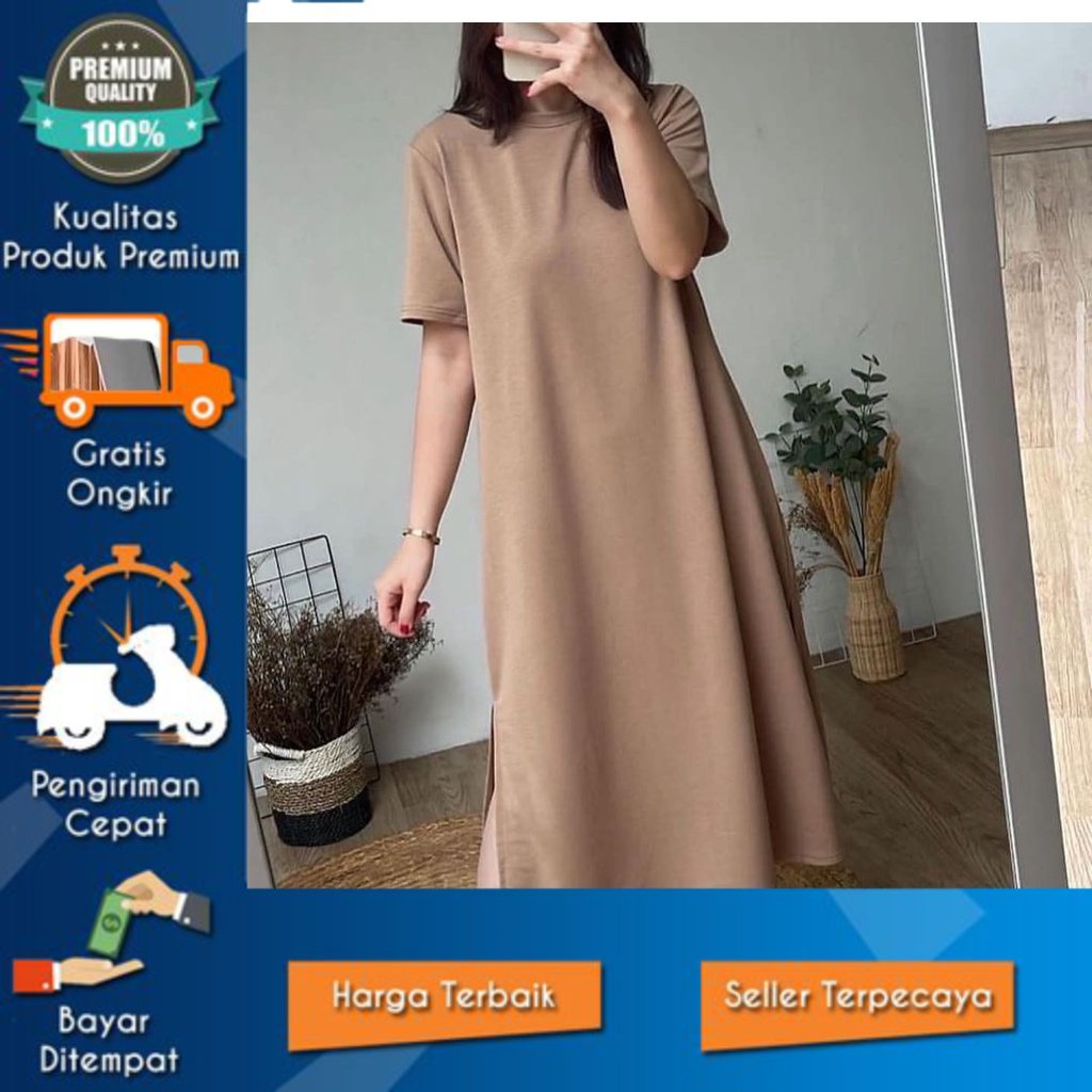 TAS BUTIK SOLO TAZ - Midi Dress Polos Plain Jersey Belah Bawah Kanan Kiri Turtle Neck