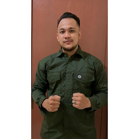 Baju Kemeja Pria Hijau Army Tni Big Size Jumbo Polos Tangan Panjang Tactical Lapangan Kantor Outdoor