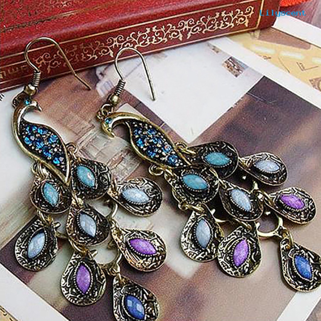 [LS] Anting Tusuk Gaya Bohemian Perhiasan Vintage Anting Kait Juntai Merak Untuk Pesta