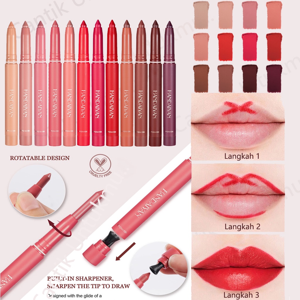 HANDAIYAN 12 Warna Matte Lip Liner Pensil Lipliner Tahan Lama Pensil Lipliner Tahan Air Alami Tahan Keringat Tidak Memudar Bibir Makeup