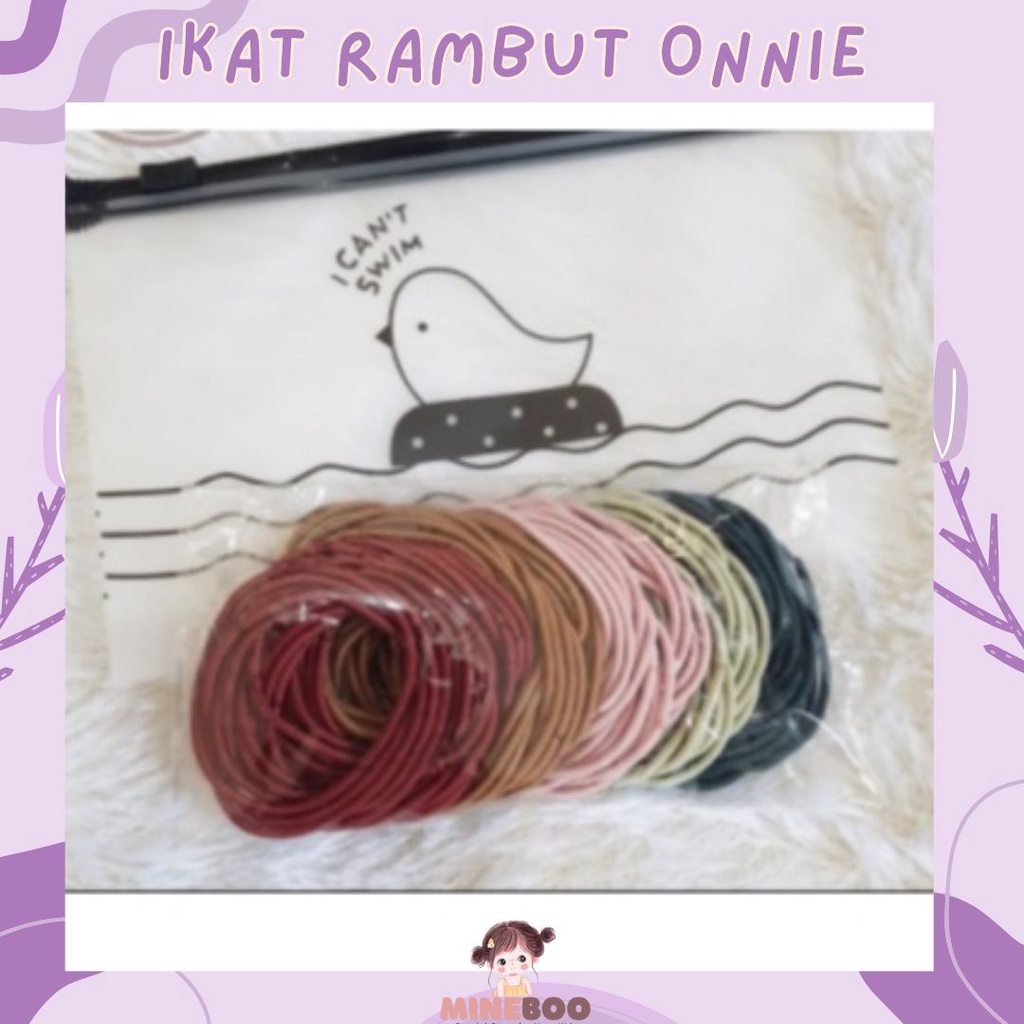 mineboo - IKAT RAMBUT ONNIE 100pcs + pouch ikat rambut karet polos warna-warni anak dewasa import ala korea