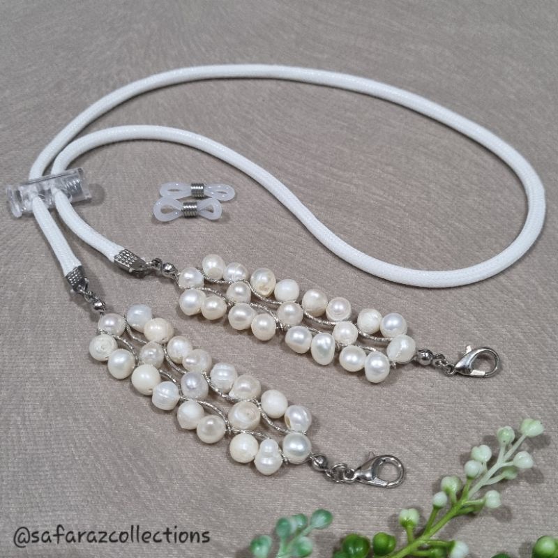 3in1 Konektor Masker Hijab, Strap Serut dan Kalung Kacamata Mutiara Air Tawar Asli