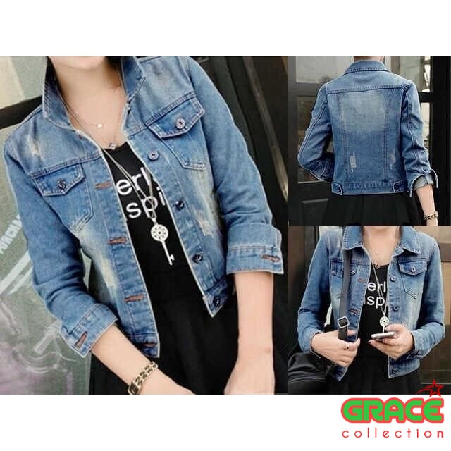 JAKET BLAZER JEANS ADA RIPPED 2WRN | JAKET WANITA KOREA STYLE | OUTER JEANS WANITA JR12