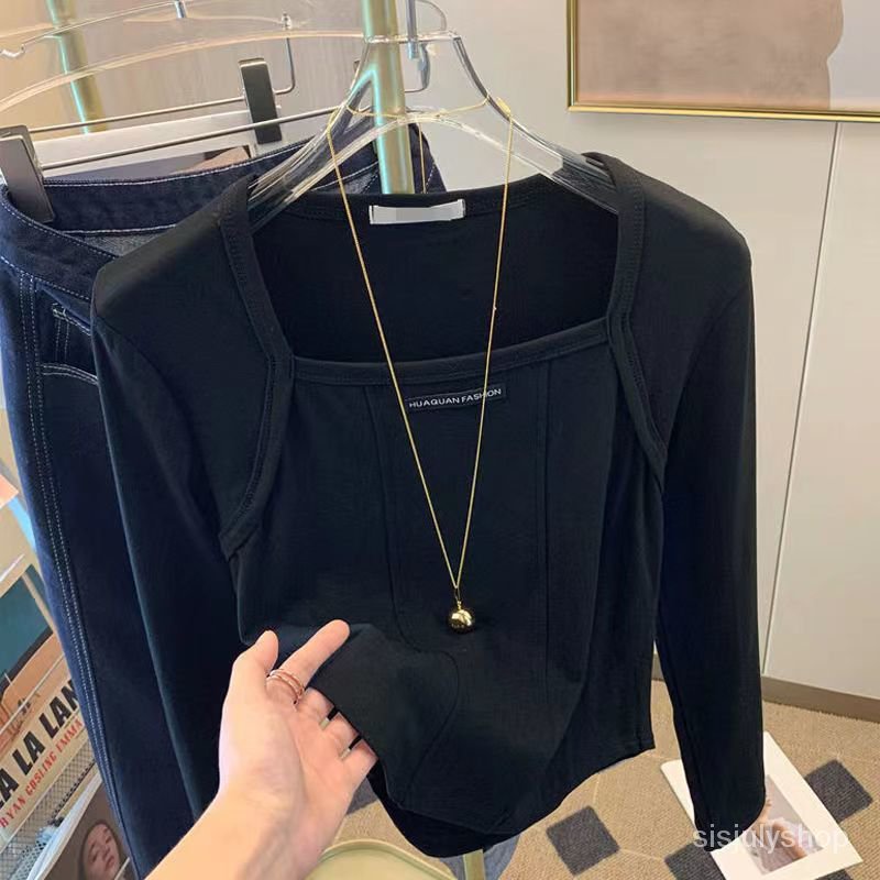 #Sisjuly# Kaos bahu persegi leher persegi wanita kaos bawah baru yang ramping dan tipis