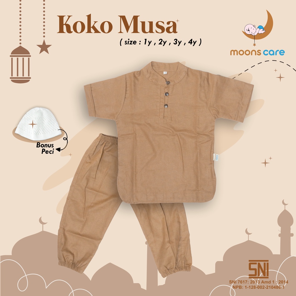 (BONUS PECI) KOKO MUSA BAHAN LINEN PREMIUM - KOKO BAHAN AMAN UNTUK KULIT SENSITIF BAYI - KOKO MUSA SUDAH FREE PECI -MOONS CARE baju koko bayi anak laki laki pakaian muslim linen anak laki laki 1 - 4 tahun premium model kekinian simple elegan stelan baju