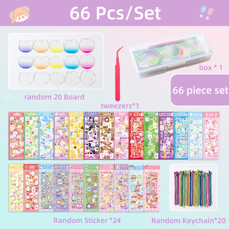 66pcs Kartu Stiker Glittering Kreatif Kotak Bahan Set Siswa Dekoratif DIY Stiker Set