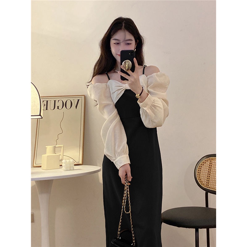 Red Angin lembut gaun dua potong ikatan simpul palsu wanita musim semi dan musim gugur gaya rok gemuk mm figur berbentuk buah pir gaun Prancis retro