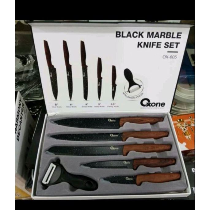 Set Oxone OX-605 Black Marble Pisau Dapur dilengkapi Dengan Pengupas Buah Premium