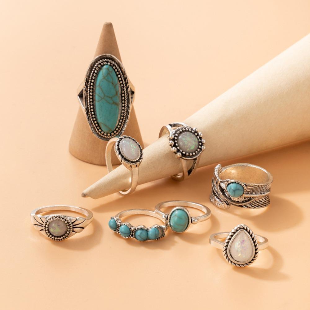 Mxbeauty Cincin Batu Pirus Fashion 8pcs /set Vintage Geometri Fashion Perhiasan Persegi Unisex Moonstone Gaya Korea Ring