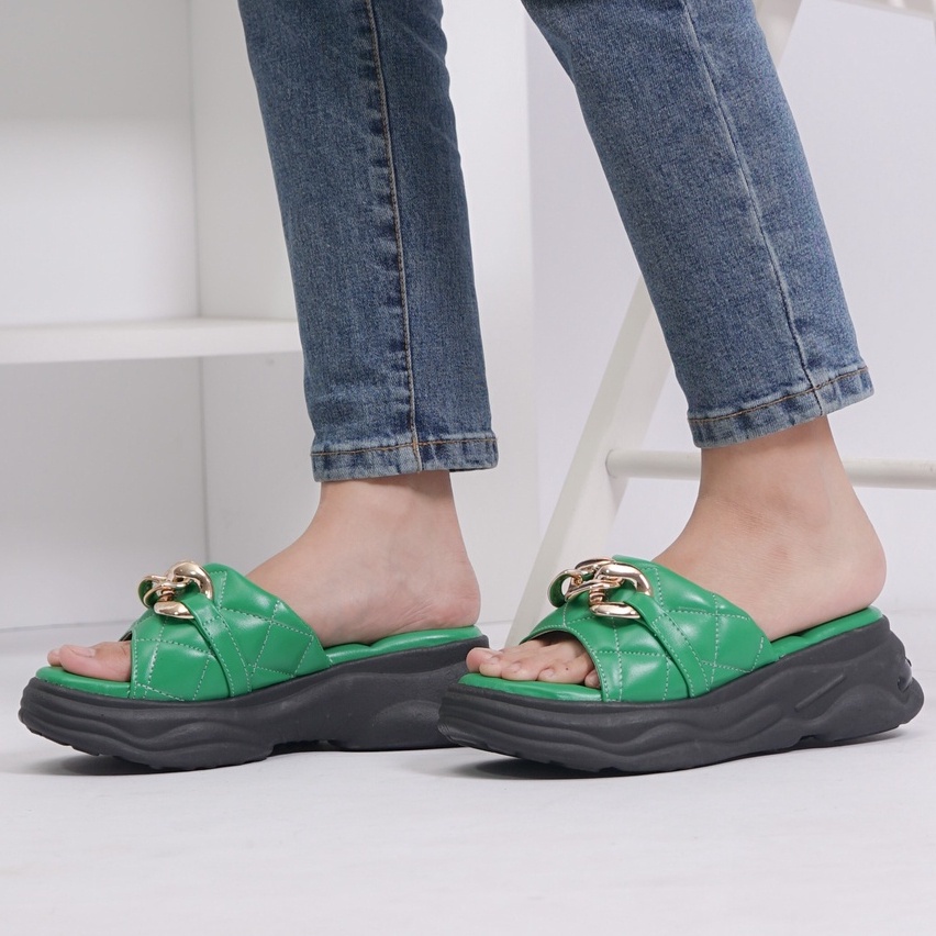 SARASARA YUK - Dunkenstock CHERIYA Sandal Wanita Wedges Chain Tinggi 5cm Size 36 - 40 Casual Sendal Platform Bellezza 37 38 39 Santai Slop Belleza Warna Olive Green Selop Premium Original Beleza Kekinian Terbaru Shoes ORI Mall Official Store