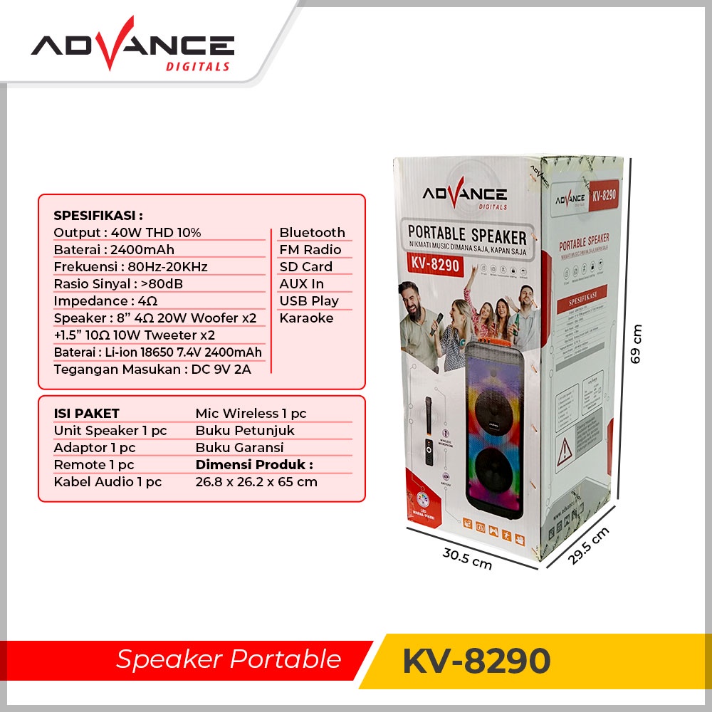 Advance KV-8290 Speaker Aktif Bluetooth 8&quot; Free 1 Mic Karoke RGB Light