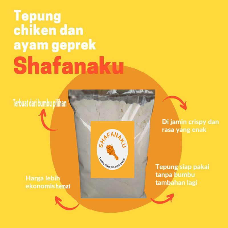 

tepung terigu shafanaku fried chiken dan ayam geprek siap pakai, kriuk,gurih,renyah, paket hemat