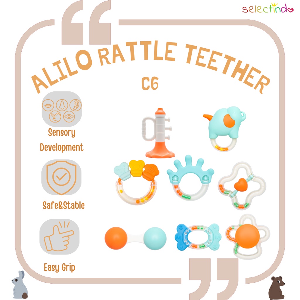 Alilo Baby Rattle Teether Set C6 / Mainan Rattle Bayi / Gigitan Bayi / BPA Free / Newborn