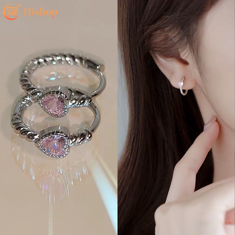 Y2k Hati Merah Muda Zirkon Anting Untuk Wanita Memutar Perak Earring Perhiasan Aksesoris Fashion