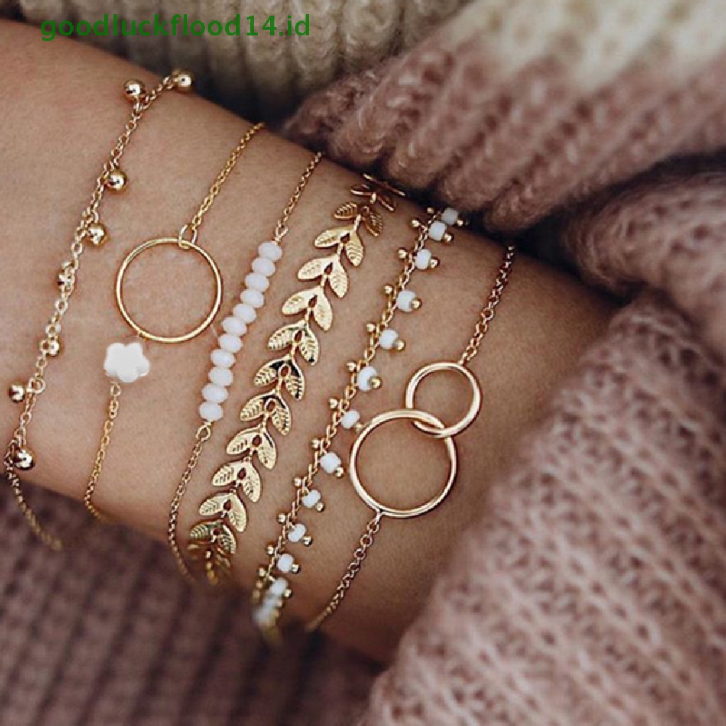 [GOOGFOUR] 6pcs/set Gelang Boho Set Wanita Jumbai Daun Rantai Melingkar Bangle Perhiasan [TOP]