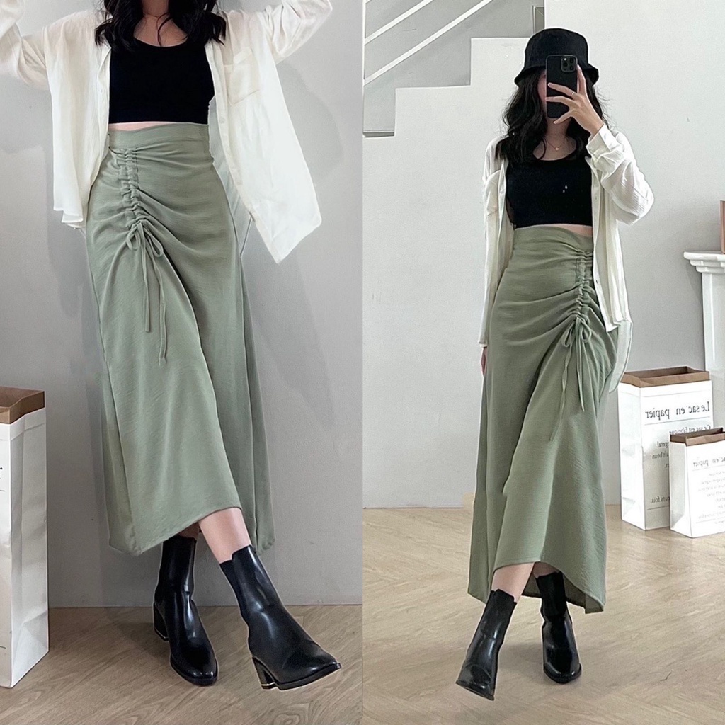VS - Tamara Skirt / Rok Serut Casual Korean Look / Joseph Skirt Midi Maxy/ Rok Wanita Korean Terbaru
