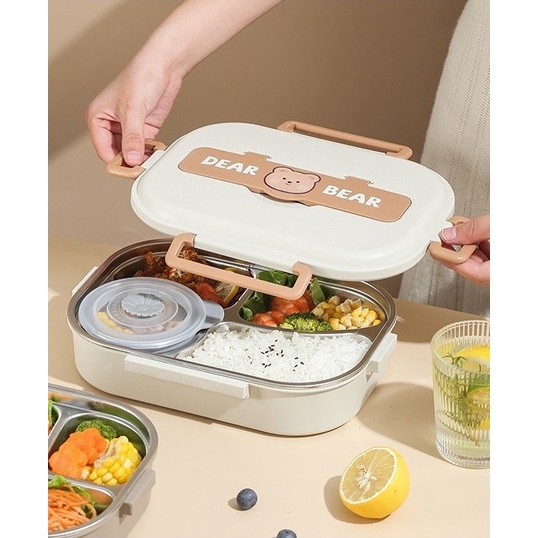 KOTAK MAKAN SEKAT / LUNCH BOX STAINLESS 304 DEAR BEAR TAHAN PANAS DAN ANTI TUMPAH / TEMPAT MAKAN BEK