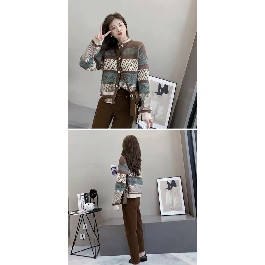 Monica Gaya Korea baru all-match lazy knit short section color matching long-sleeve knit jacket