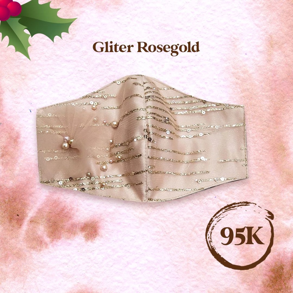Masker Kain Brokat Premium Pesta Rosegold Glitter Sequin | Bunga 3D