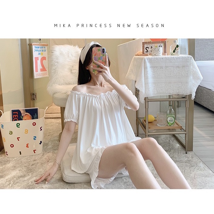 Piyama Set Wanita Dewasa Setelan Baju Tidur Cute Lengan Pendek Celana Pendek Import French Putih Susu