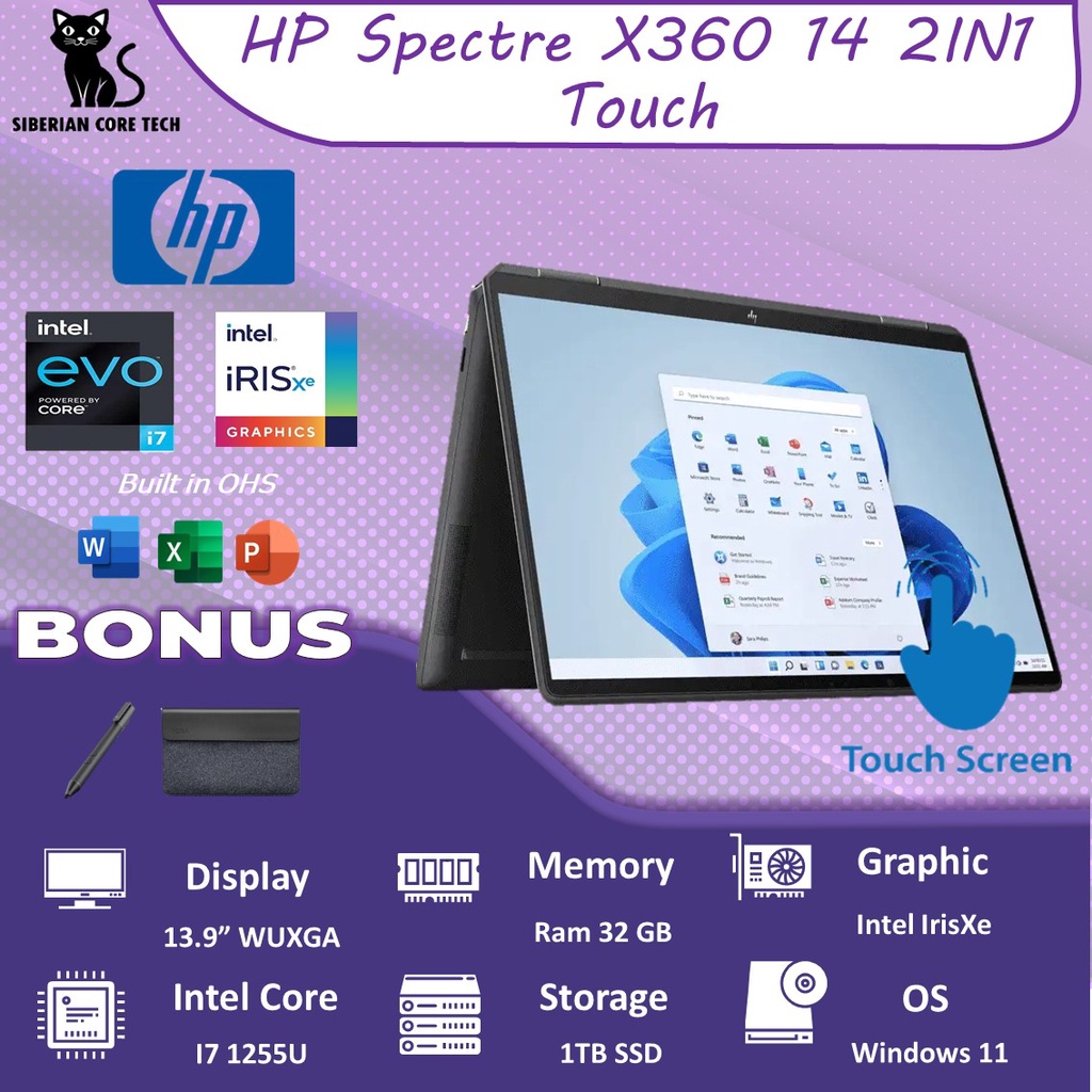 HP SPECTRE X360 14 EF0005TU 2IN1 TOUCH I7 1255U 32GB 1TBSSD IRISXE 13.9WUXGA W11+OHS BLIT PEN 2YR+ADP BLK