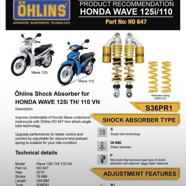 Shockbreaker Ohlins Honda Wave 125I / 110 Ho- 647 Shock - Campaign #Original