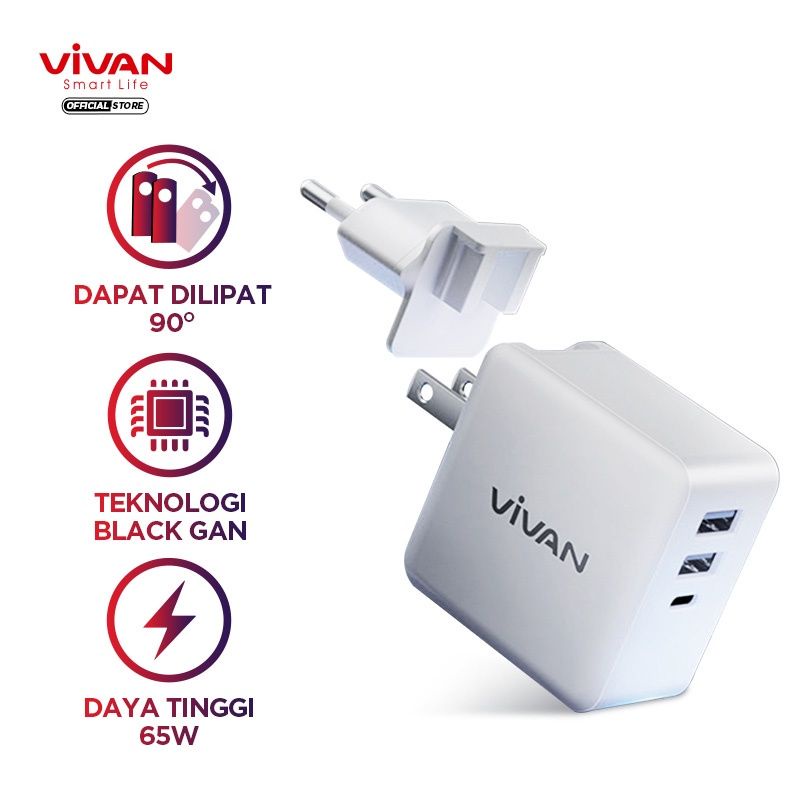 Vivan GaN02s 3A Quick Charge 65W 2in1 ES/EU Portabel 3 Port Travel Charger