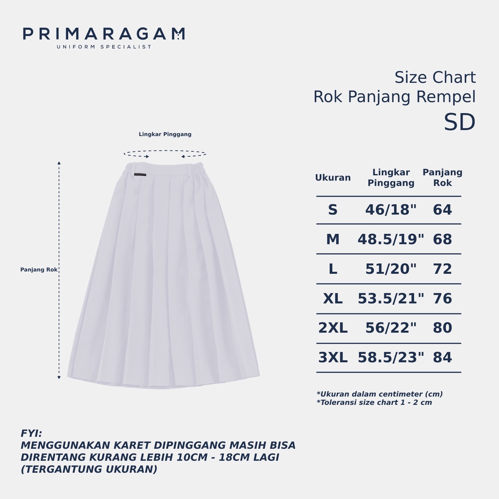 Rok seragam sekolah sd putih panjang rempel lipit atas ban pinggang karet