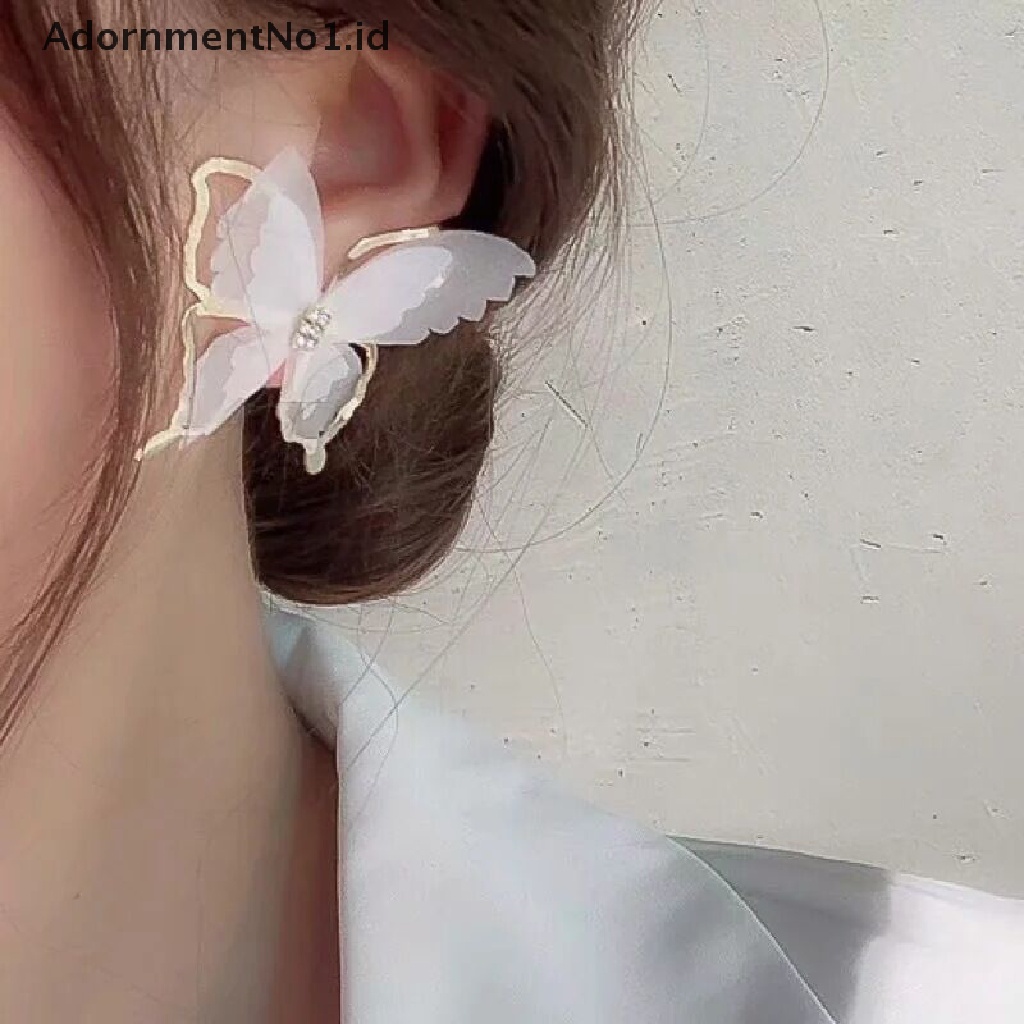 [AdornmentNo1] Anting Kupu-Kupu Jala Besar Romantis Tulle Hewan Hitam Putih Butterfly Stud Earrings Pesta Pernikahan Fashion Perhiasan [ID]