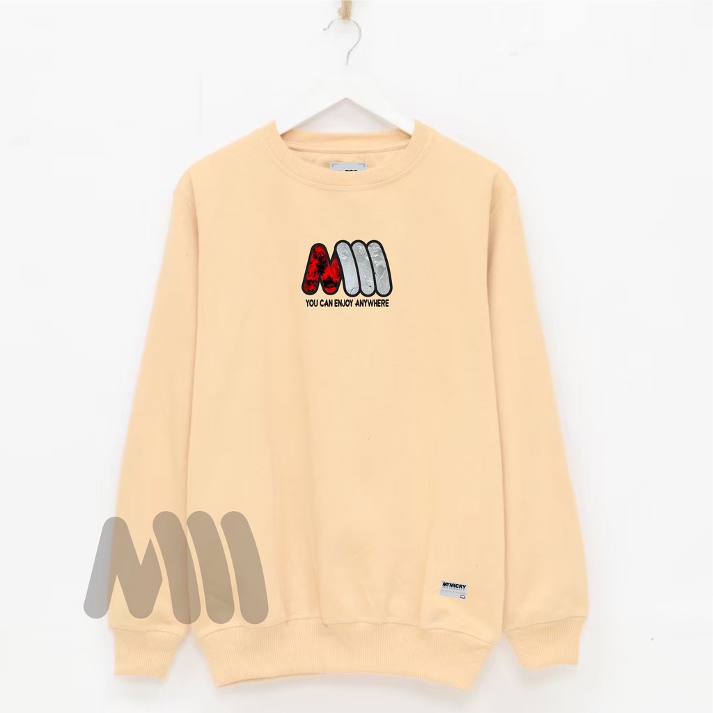 Mymicry Crewneck Pria Light Cream Aesthetic Keren Original Kualitas Tinggi Branded Distro Bahan Katun Flece Premium