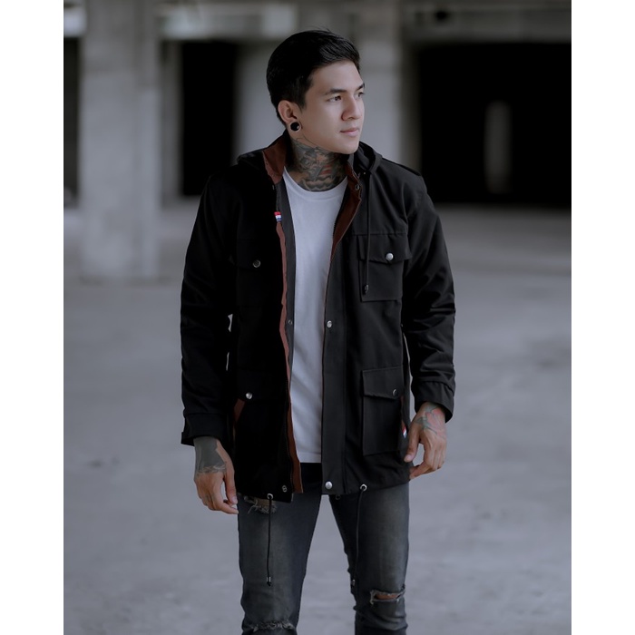 jaket pria Jaket Parka Hoodie Hitam Pria List Brown Casual Jacket Saku Dalam BGSR - Hitam, XL(G3P8) 