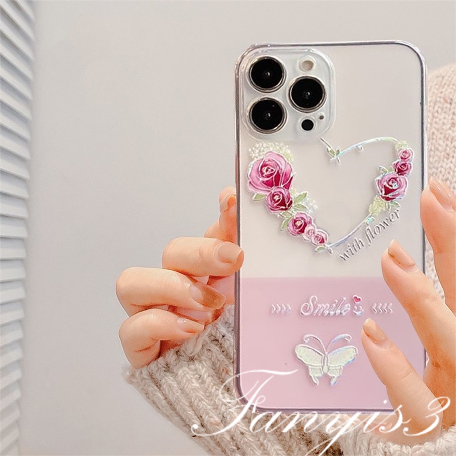 Compatible For iPhone 14 13 12 11 Pro Max X XR Xs Max 8 7 6 6s Plus SE 2020 Kompatibel Untuk Ins Bunga Kupu-Kupu Ponsel Case Bening TPU Lembut Cover Pelindung