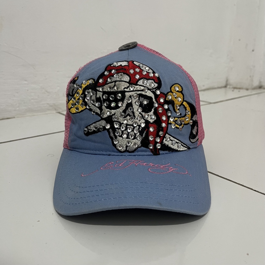 TOPI ED HARDY CAP PINK BLUE TRUCKER