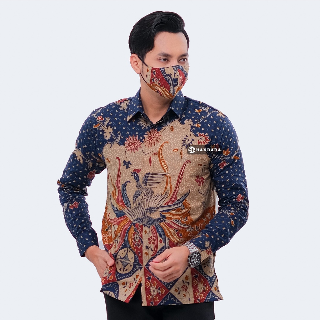 Handara Batik Pria Lengan Panjang Slim Fit Premium Kawung Wajik Navy HB-319