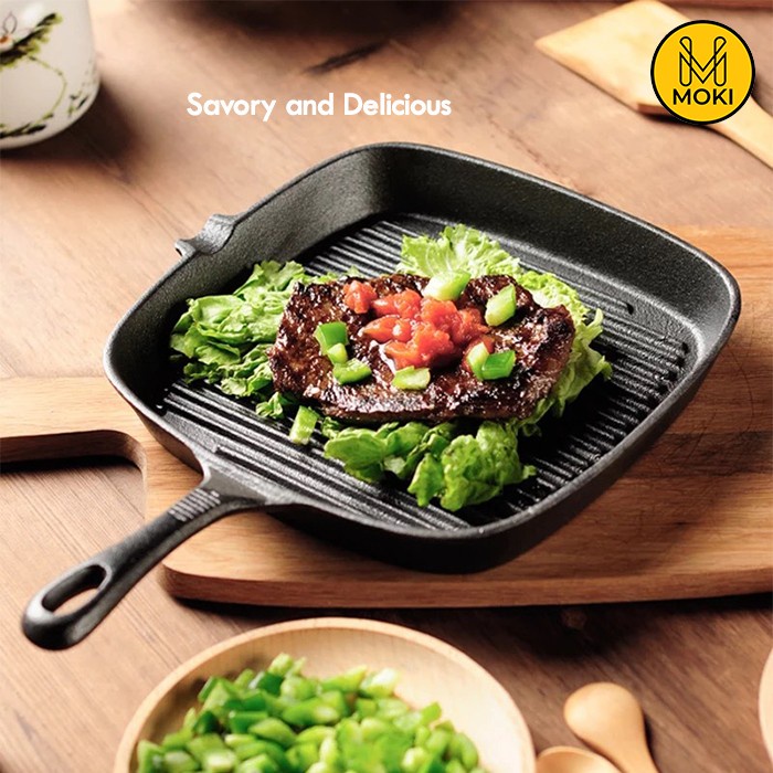 MOKI 100% Cast Iron Grill Pan / Panci Pemanggang / Panci Besi Cor