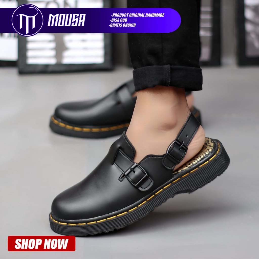 Sandal Docmart Pria Hitam Kulit Pu Nyaman Santai Mousa Yve