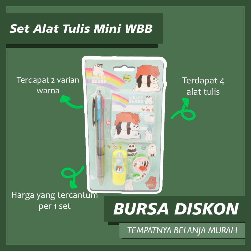 

Set Alat Tulis Mini WBB isi 4 Notebook Pulpen Highlighter Solatip We Bare Bear Paket Stationery