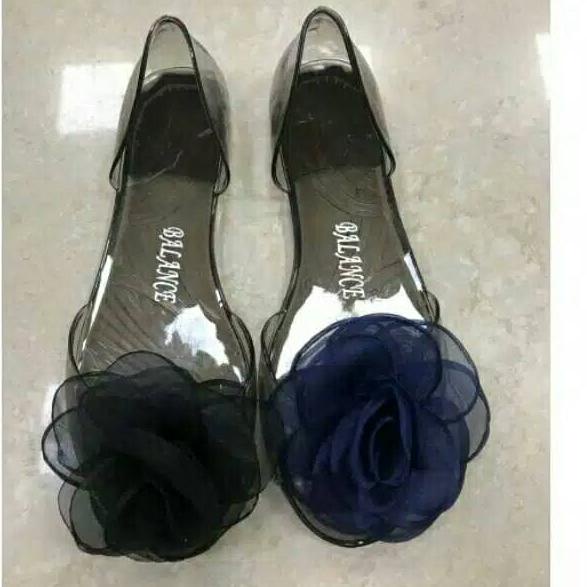 Sandal Jelly Kaca Lovely Wanita Bunga Mawar / Sepatu Jelly Shoes 186/Sandal Jelly Mawar  Pom Pom Kek