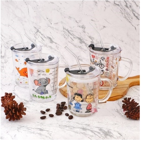 Gelas Minum Kaca Motif Animal Lifestyle + Sedotan Glass Ware 400ml H481