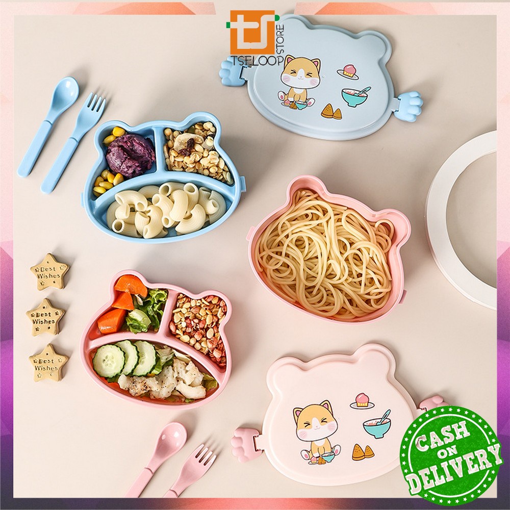 OFM-C777 Kotak Bekal Anak Set Sendok Garpu Motif Cartoon Lucu Lunch Box / Tempat Makan tingkat Anak Karakter Kucing BPA FREE