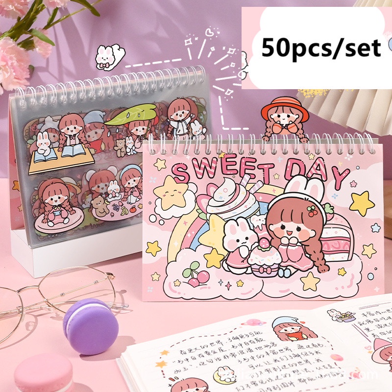 50 pcs Stiker Kawaii Set Stiker Bahan PET Stiker Akun Tangan DIY Stiker Dekorasi Hadiah Gadis