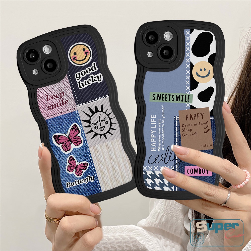 Casing Hp Redmi 10C 9T 9 9A 9C 10 10A A1+Redmi Note10 10S 10 Pro Max 11 10 8 9 11S 11Pro POCO X3 NFC Pro M3 Mi 11T Wavy Edge Cowboy Splicing Smiley Butterfly Label Soft Sarung