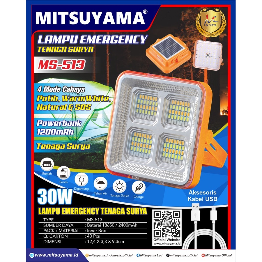 Lampu Emergency Profesional Multifungsi 30 Watt Mitsuyama MS-513 Solar Cell Tenaga Surya Original