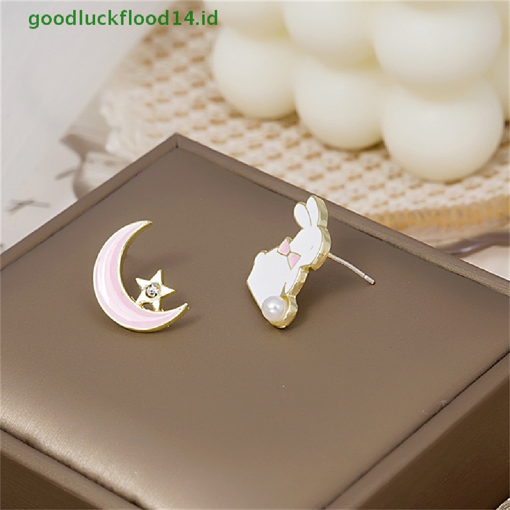 [GOOGFOUR] Lucu Fashion Asymmetric Rabbit Moon Star Stud Earrings Wanita Eardrop Perhiasan Pesta [TOP]