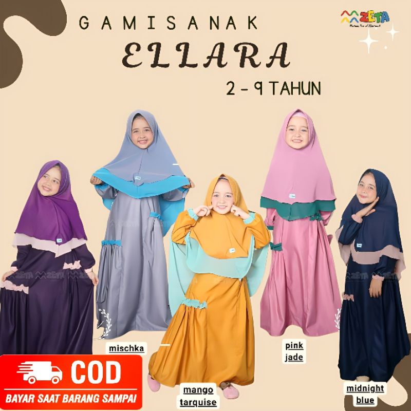 ZETA || GAMIS MUSLIM SET HIJAB COUPLE ANAK & REMAJA PEREMPUAN USIA 2-10 TAHUN BAHAN TOYOBO PREMIUM M