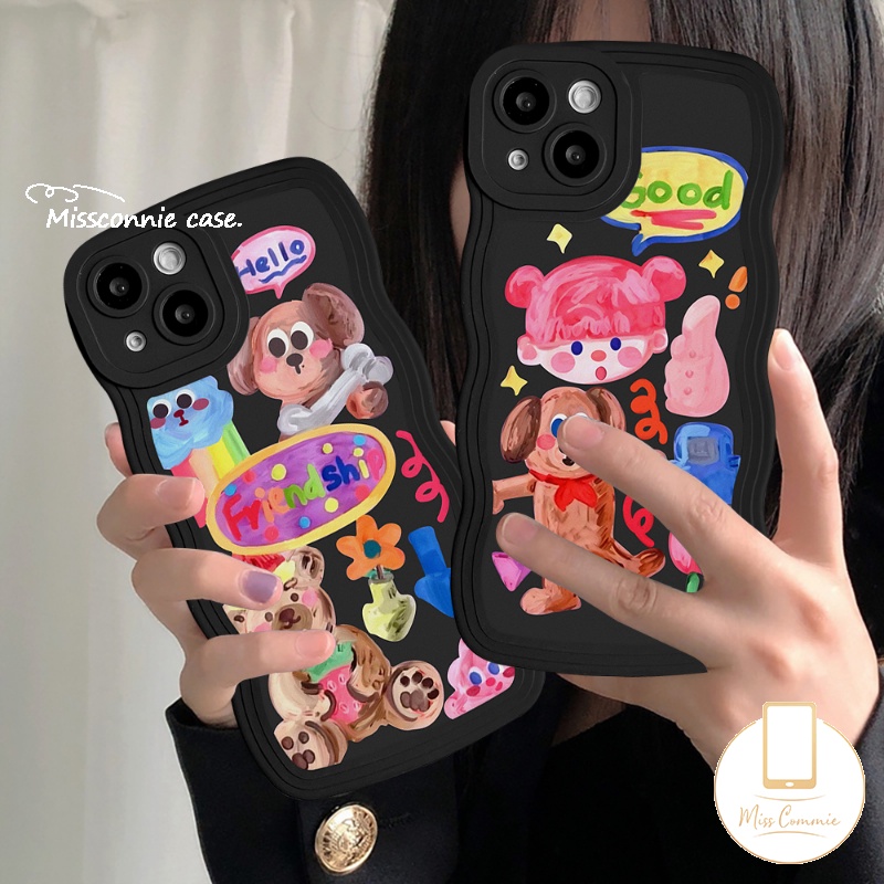 IPHONE Casing Pasangan Kompatibel Untuk Iphone11 14 13 12 Pro Max 6 6s 8 7 Plus XR 14Plus X XS Max SE 2020 Kartun Grafiti Anjing Lucu Populer Gadis Lucu Stiker Lembut Bergelombang Tepi Case