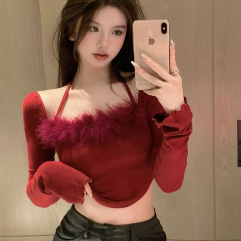 Red Unik chic top wanita musim semi dan musim gugur gaya one-shoulder menggantung leher gaya barat kemeja bottoming pendek seksi rajutan merah