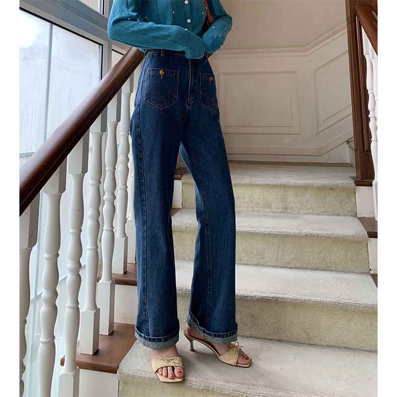 Red Tide Merek Gaya Hong Kong Fashion Temperamen Lebar Kaki Celana Jeans Wanita Longgar Tabung Lurus Slim Retro Pinggang Tinggi menggantungkan Lantai Mengepel Celana