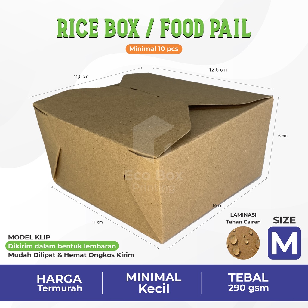 Food Pail Size M 290gsm Paper Rice Box Lunch Box Kertas Dus Makanan Takeaway Kraft Grosir
